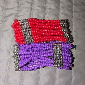 $1 with Bundle ~ Set of 2 Wide Beaded Cuff Bracelets Red Purple Stretch 5864